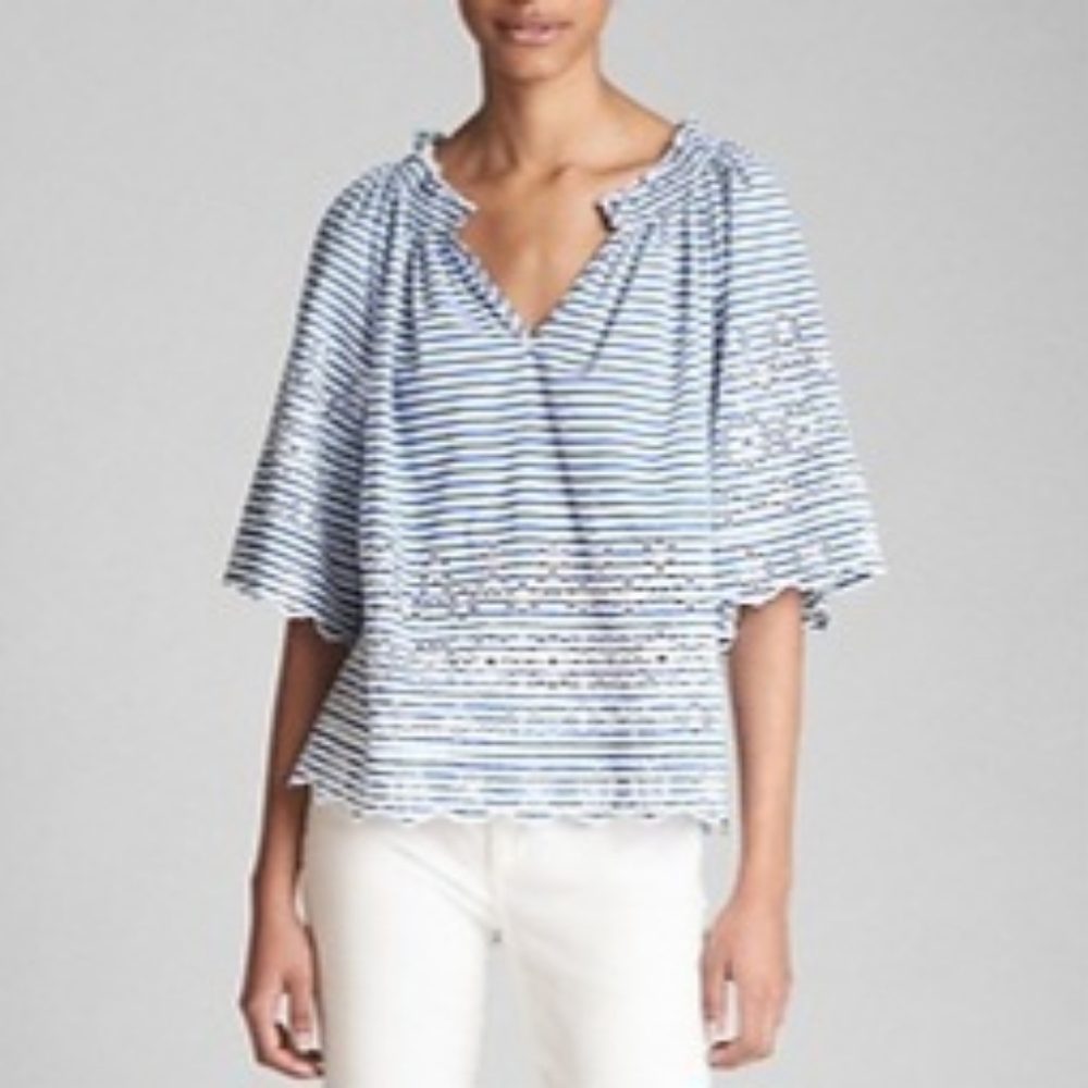 ✨HOST PICK✨ Sz S GAP Shirred Split-Neck Embroidered Striped Blouse 3/4 Sleeves